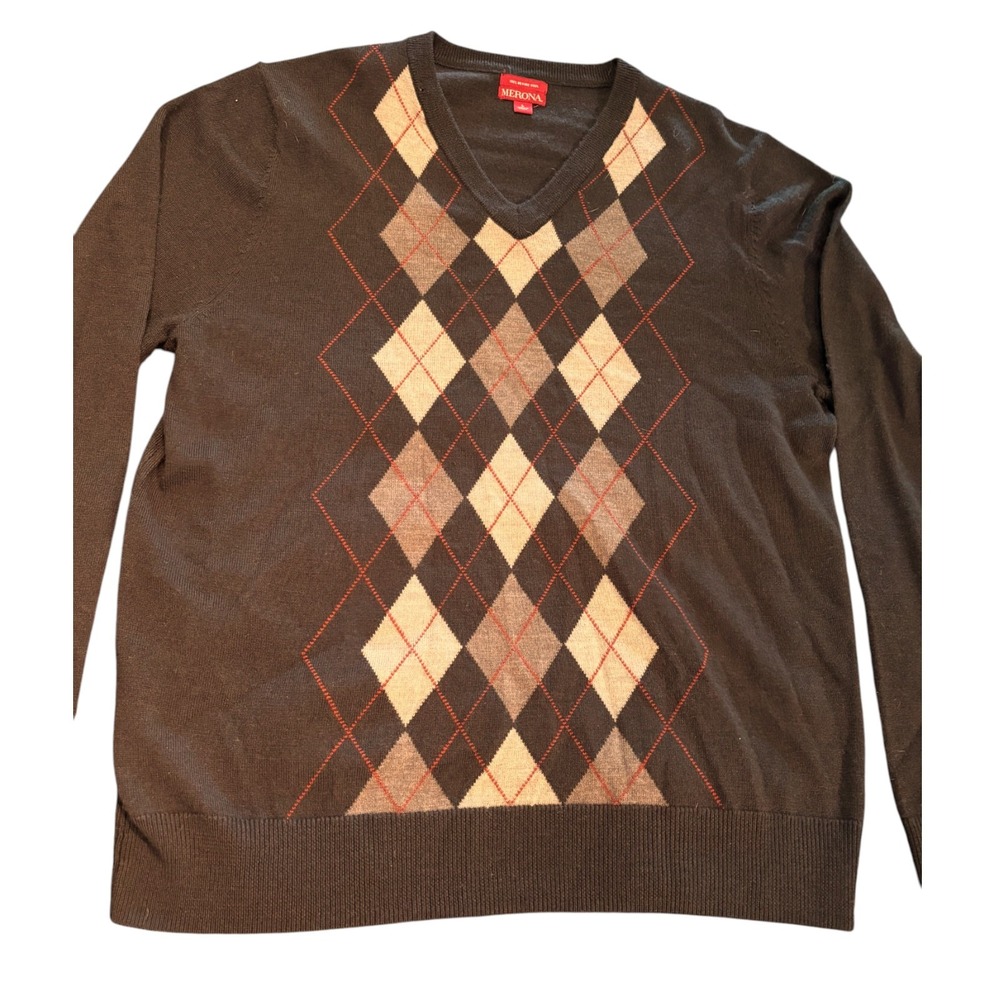 Merona Mens 100% Merino Wool Argyle V-Neck Sweater Brown Large VN1168501
